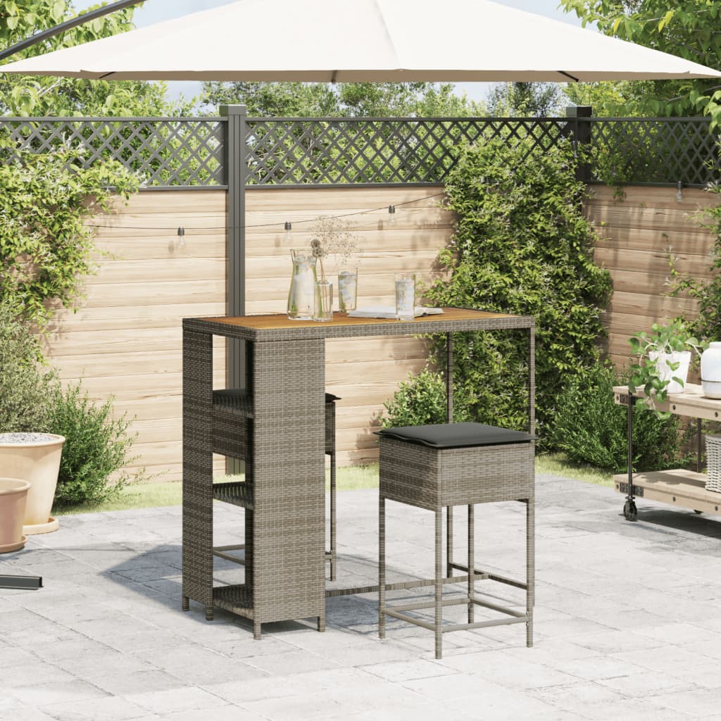 vidaXL 3-delige Tuinbarset met kussens poly rattan grijs