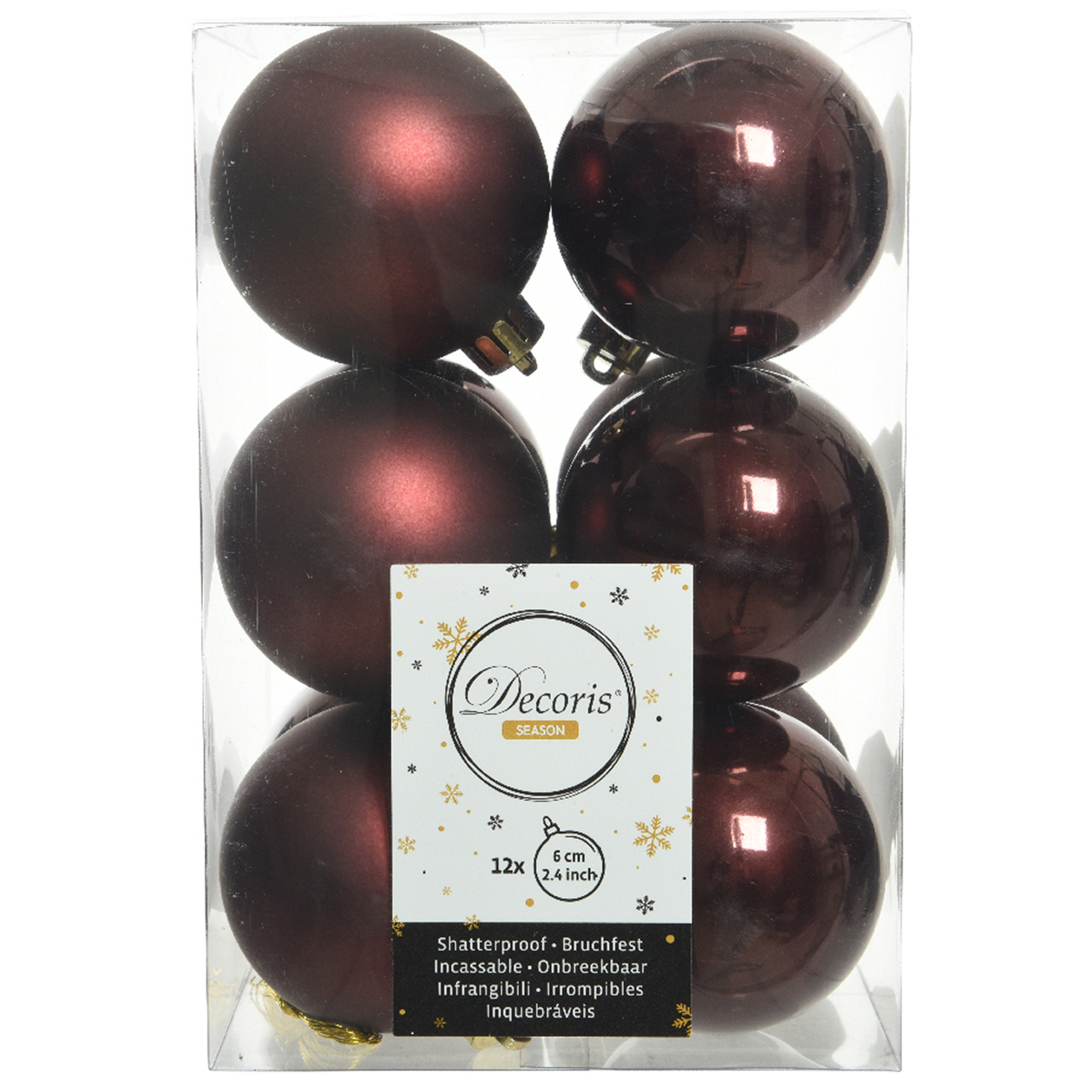 Decoris Kerstballen - 12x - kunststof - mahonie bruin - 6 cm -