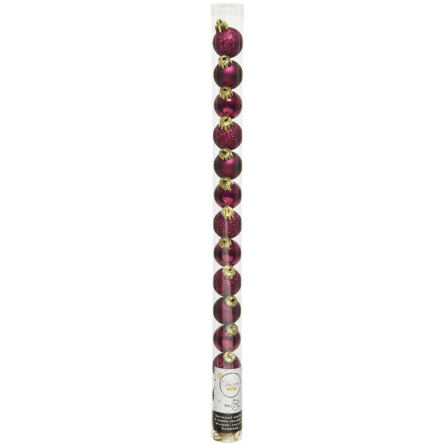Decoris Mini kerstballen - 14x st - framboos roze - D3 cm - kunststof -