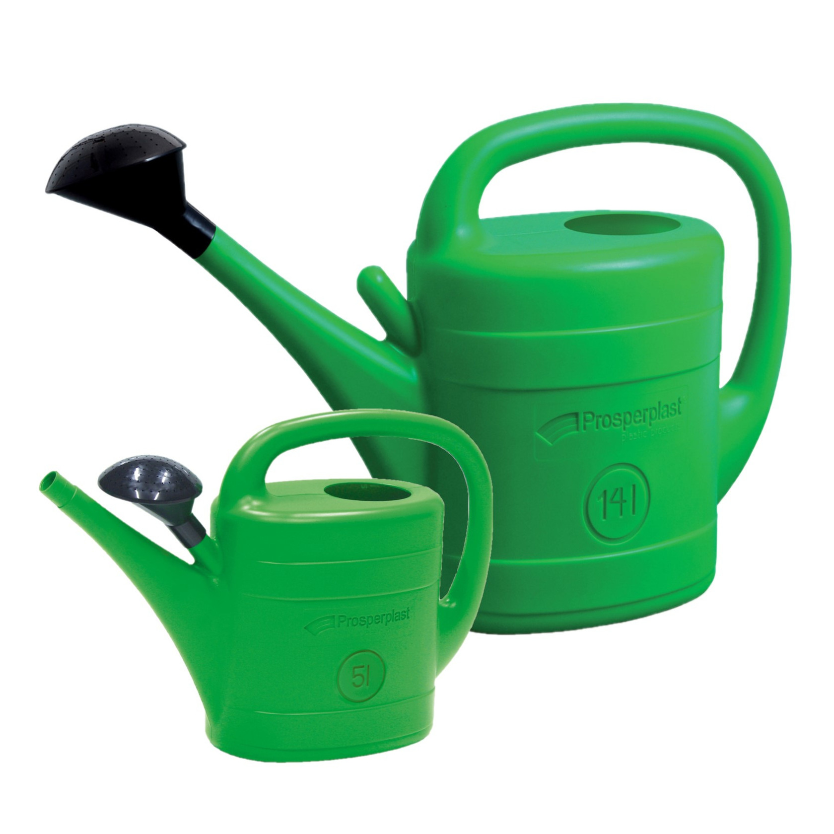 Prosperplast Combi-set kunststof bloemen/planten gieters met broeskop/sproeikop groen 5 en 14 liter -