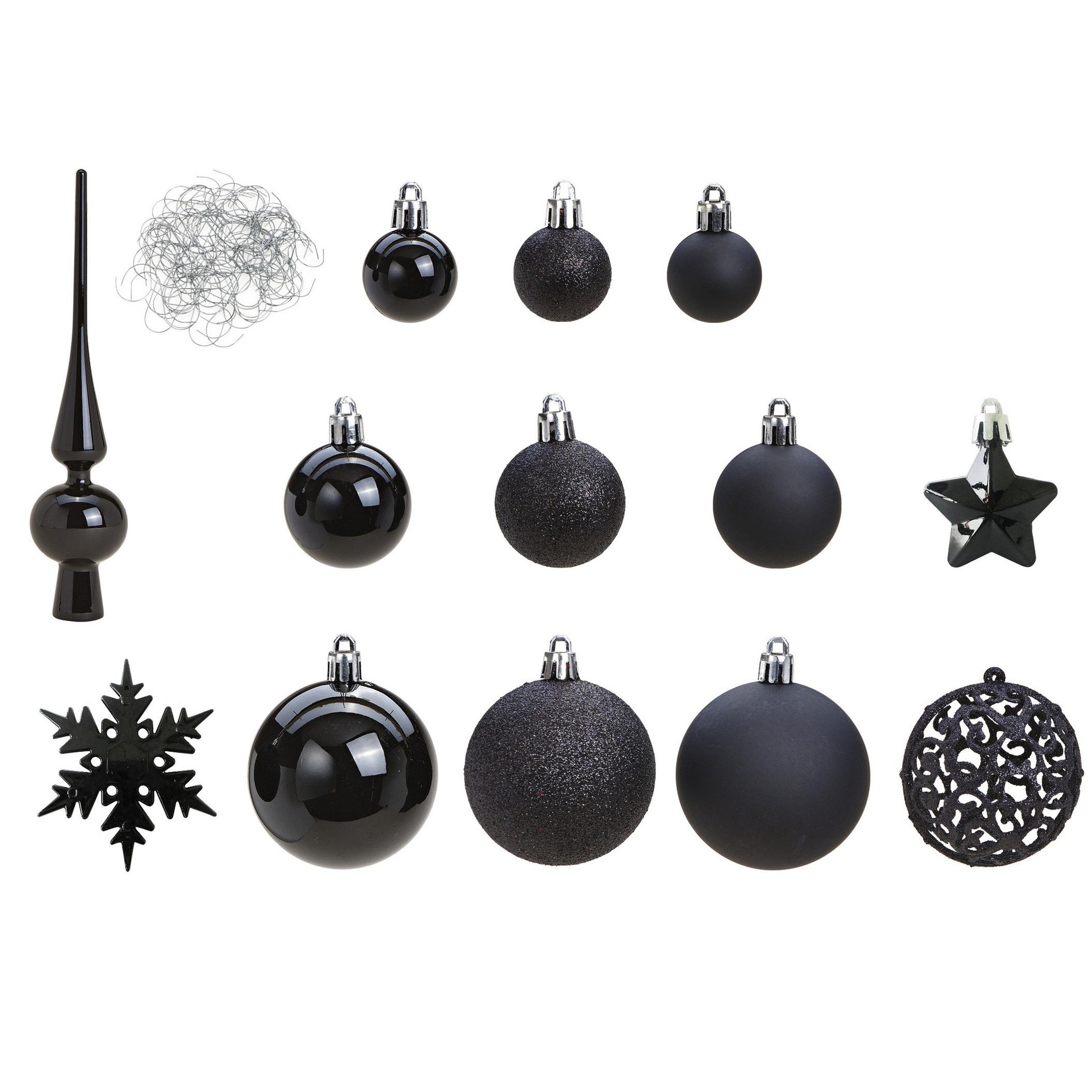 G. Wurm Kerstballen pakket - 111-delig - zwart - kunststof -incl. piek -