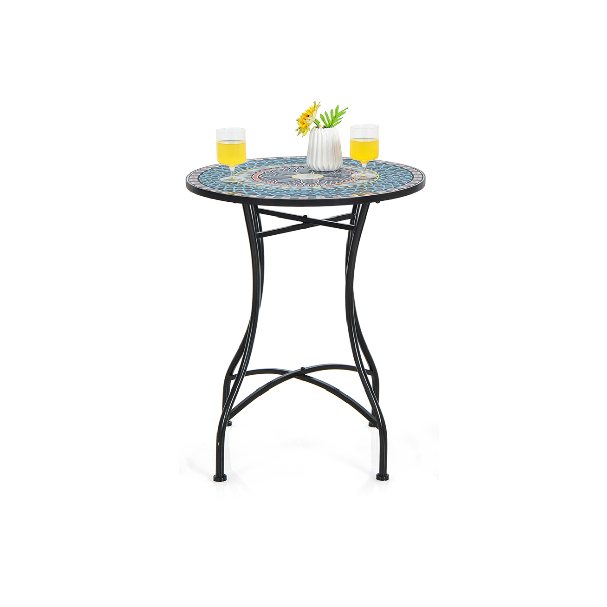 Costway Metalen Tuintafel Ronde Tuintafel met Mozaïekpatroon 60 x 72 cm Blauw