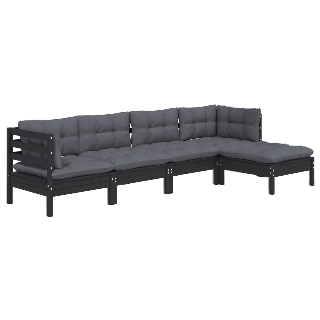 vidaXL 5-delige Loungeset met kussens grenenhout zwart