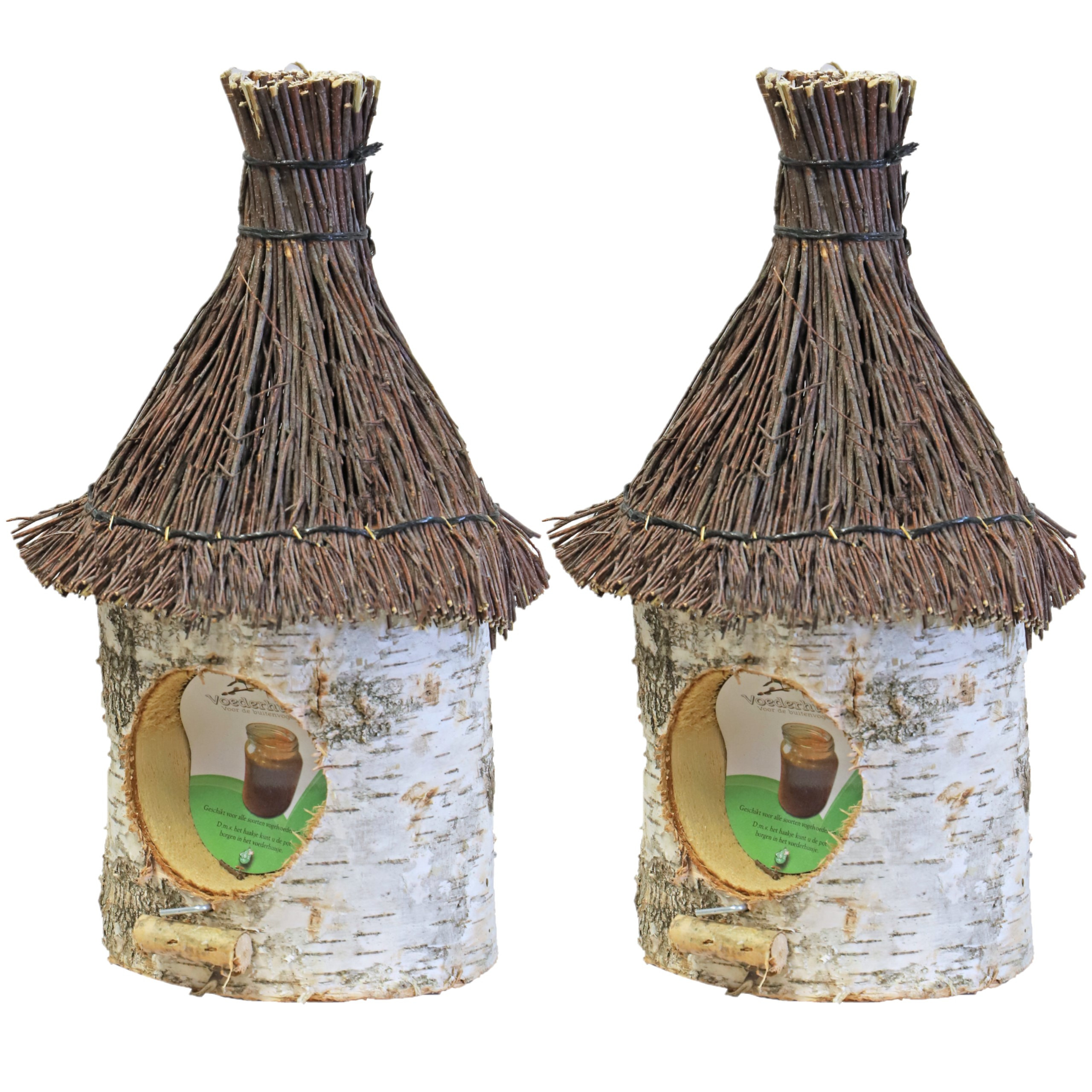 Boon Vogel voederhuisje - 2x stuks - cm - berkenhout - rieten/tenen dak - pindakaashuisje -vogelhuisje -