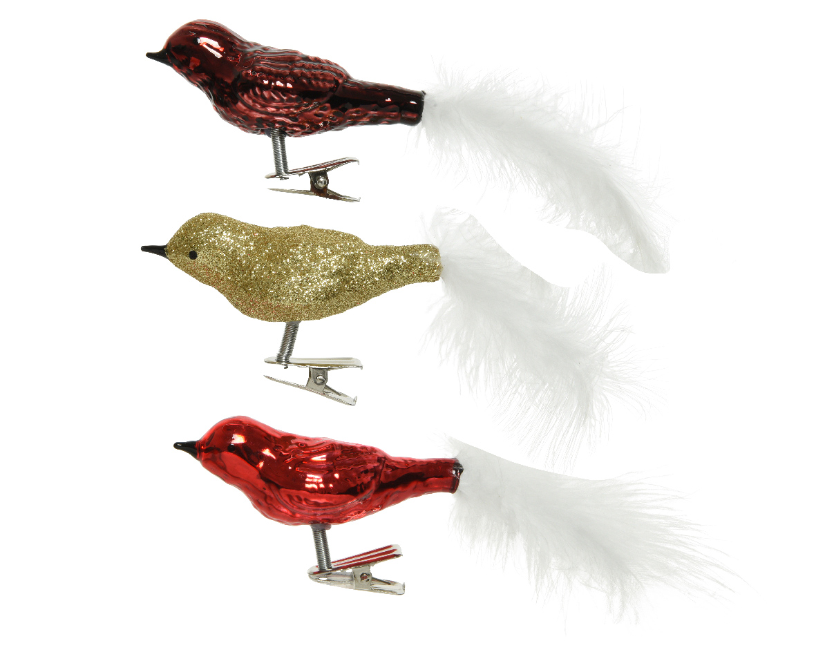 Decoris Vogel glas l3b8h3.5cm rd/gd ass 3st - 
