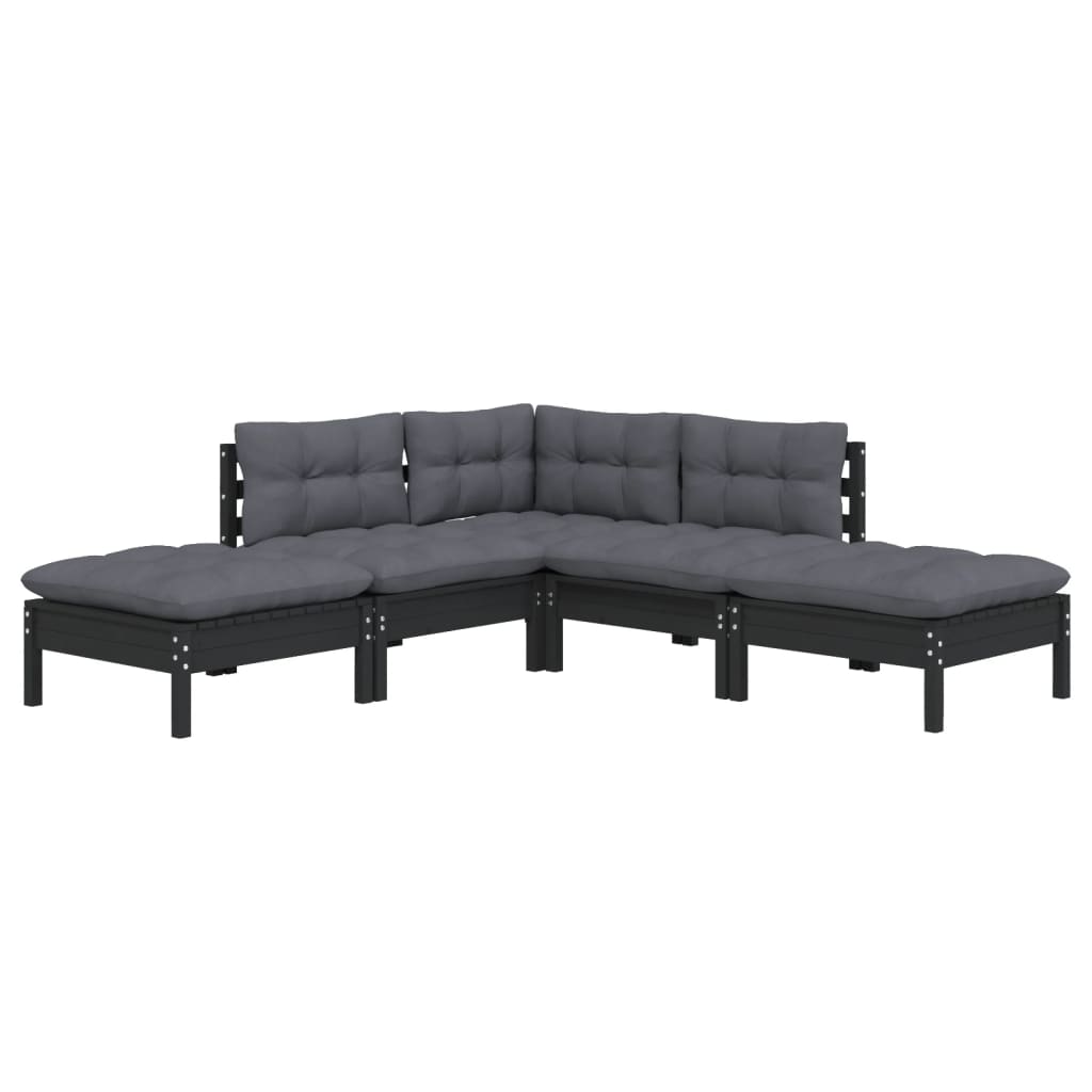 vidaXL 5-delige Loungeset met kussens grenenhout zwart
