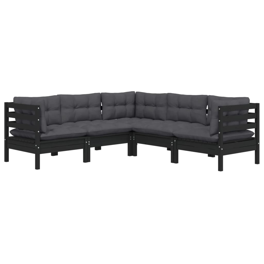 vidaXL 5-delige Loungeset met kussens massief grenenhout zwart