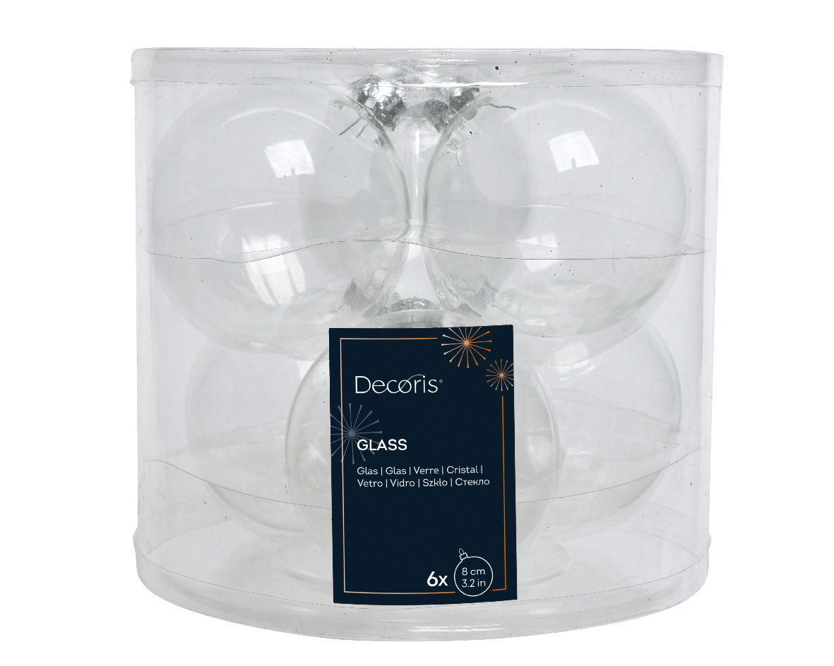 Decoris Kerstbal glas d8 cm transparant/irs 6st - 