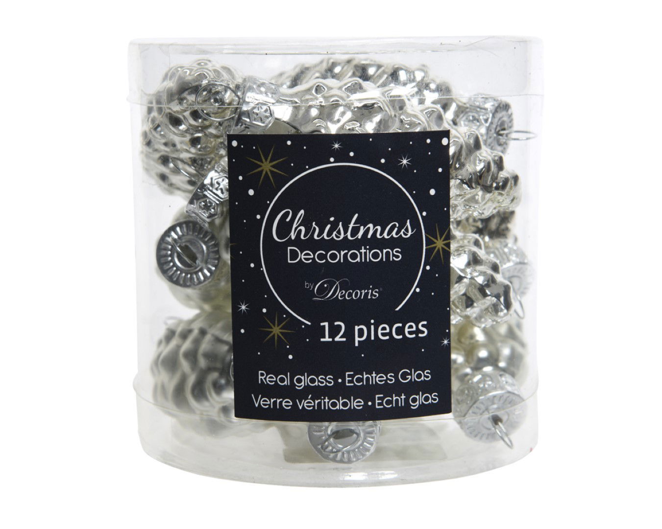 Decoris 12 Glazen dennenappels 40 mm zilver - 