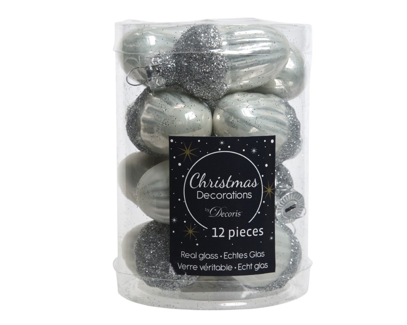 Decoris 12 Glazen eikels met dop 30 x 40 mm winter wit - 