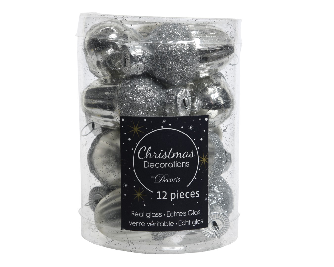 Decoris 12 Glazen eikels met dop 30 x 40 mm zilver - 