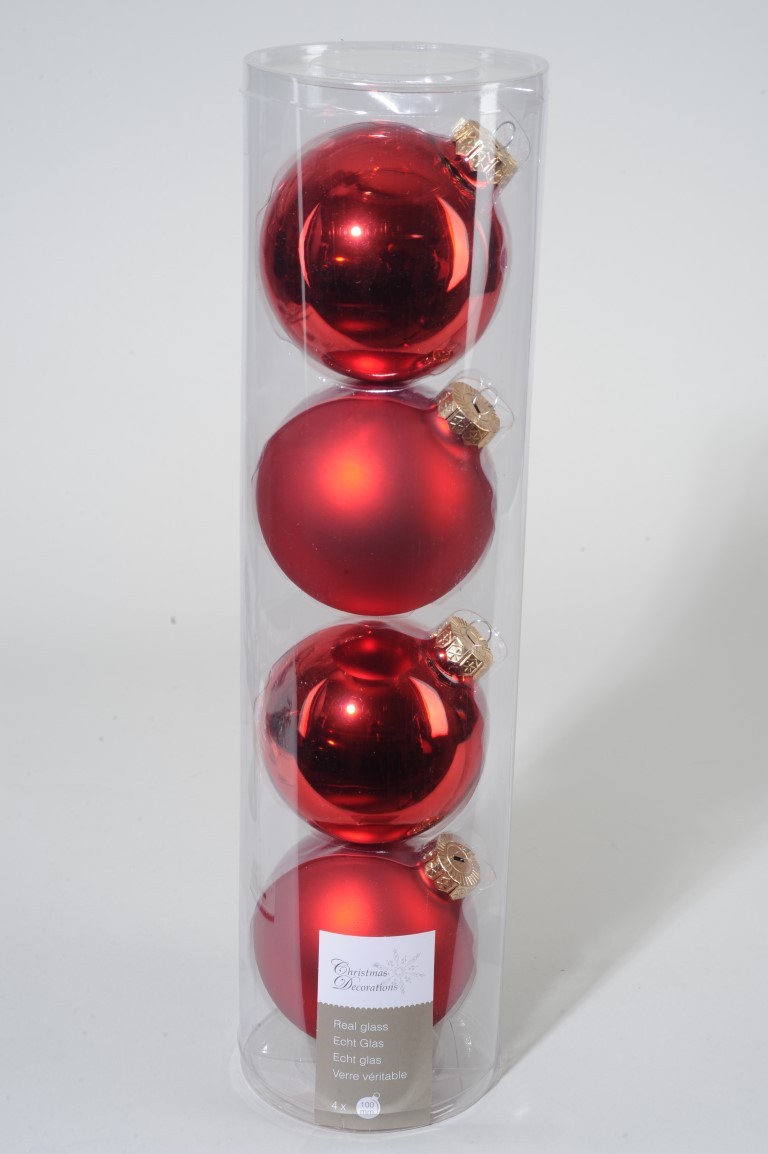 Ksd 4 kerstballen kerstrood glans-mat 100 mm - 