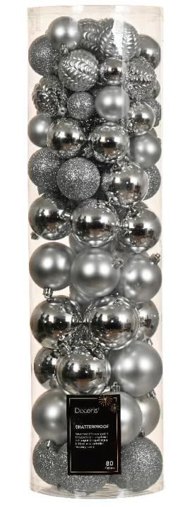 Decoris Kerstballen mix plastic d8 cm 80 stuks zilver - 