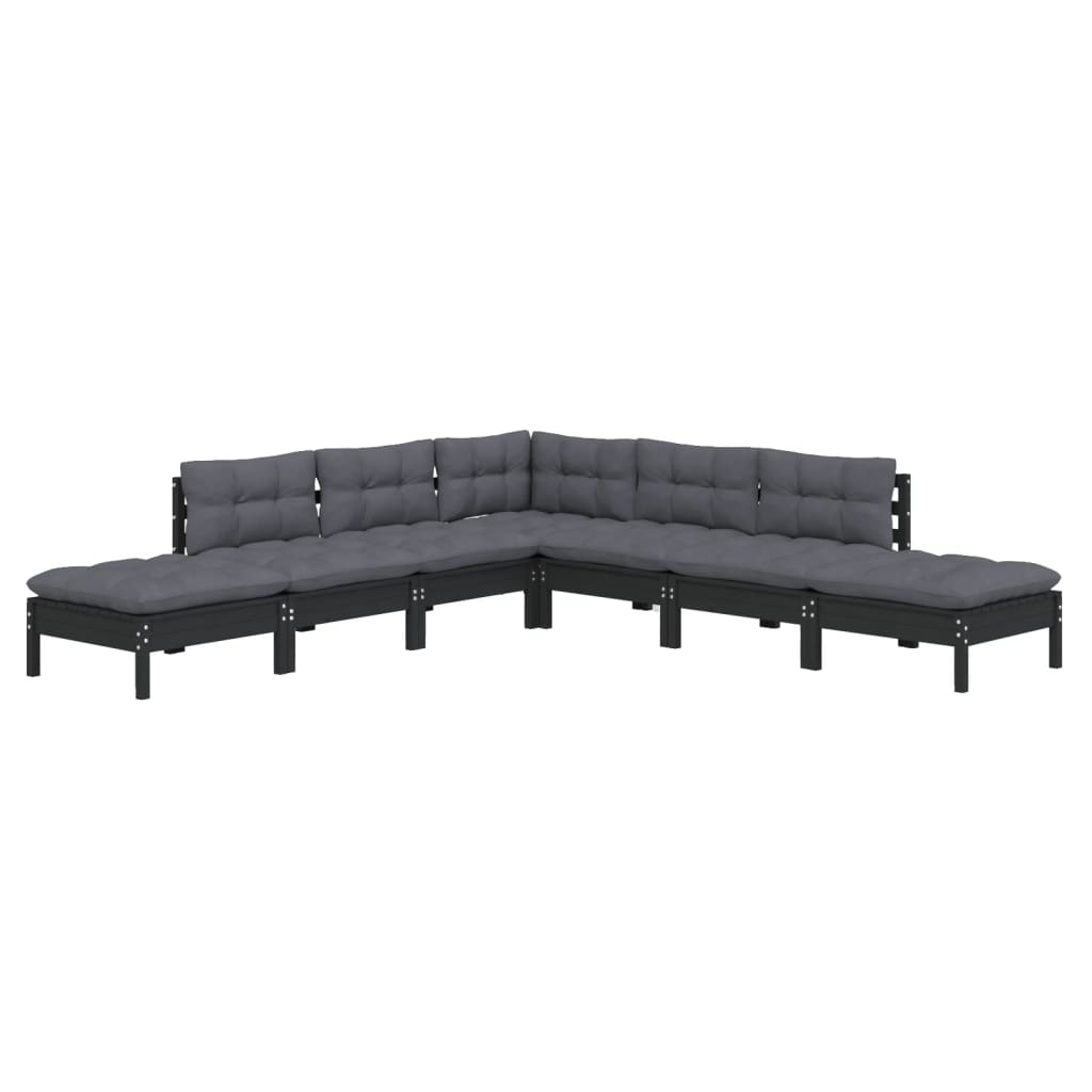 vidaXL 7-delige Loungeset met kussens grenenhout zwart