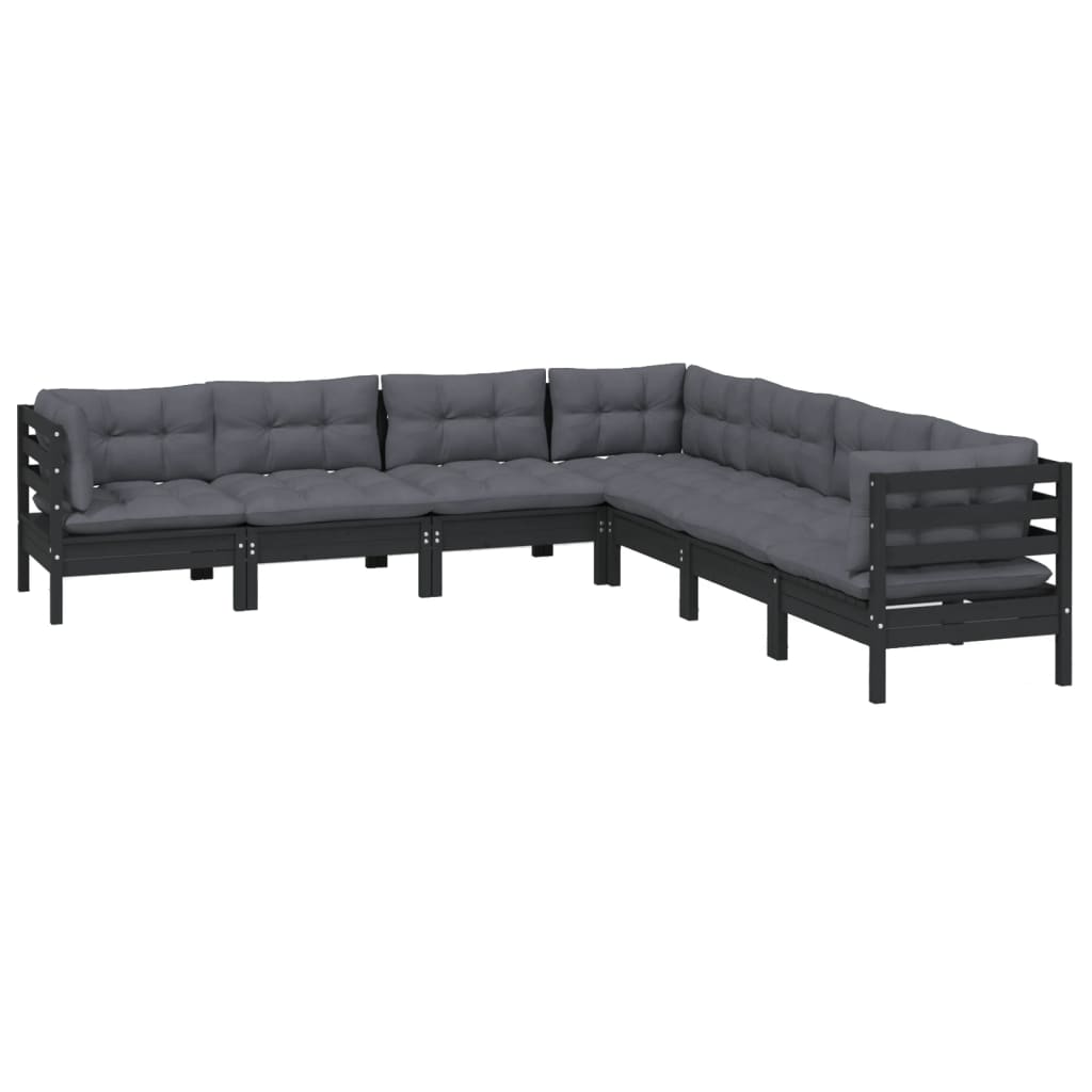 vidaXL 7-delige Loungeset met kussens massief grenenhout zwart