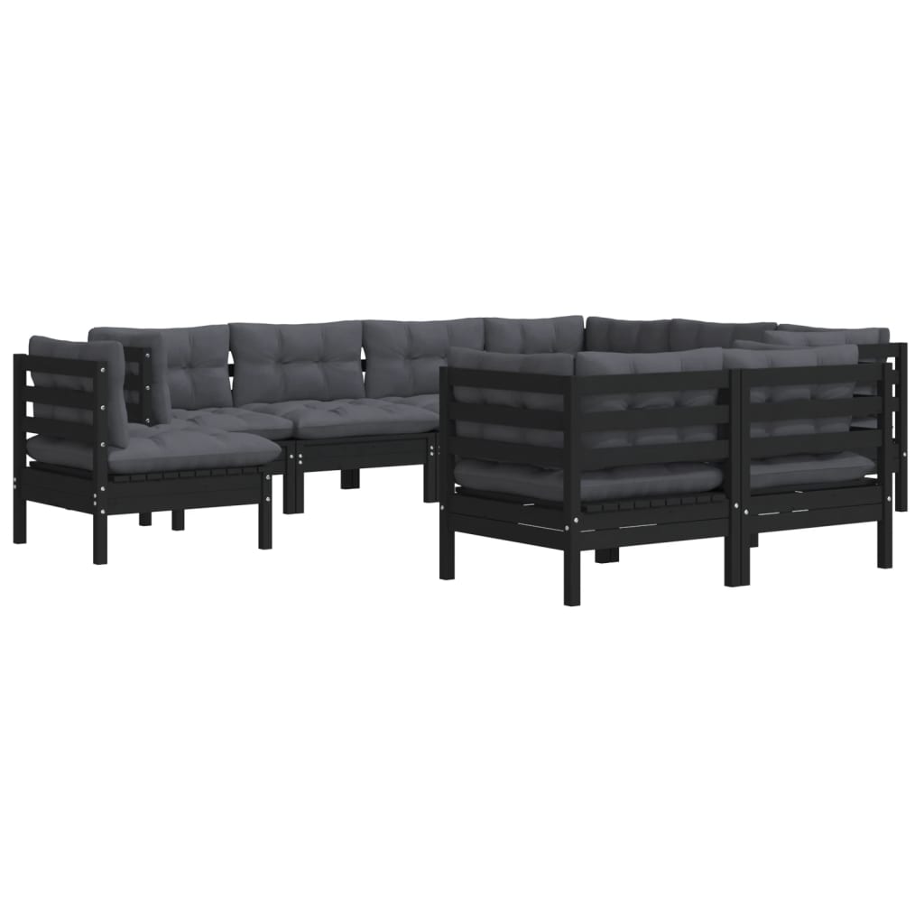 vidaXL 9-delige Loungeset met kussens massief grenenhout zwart