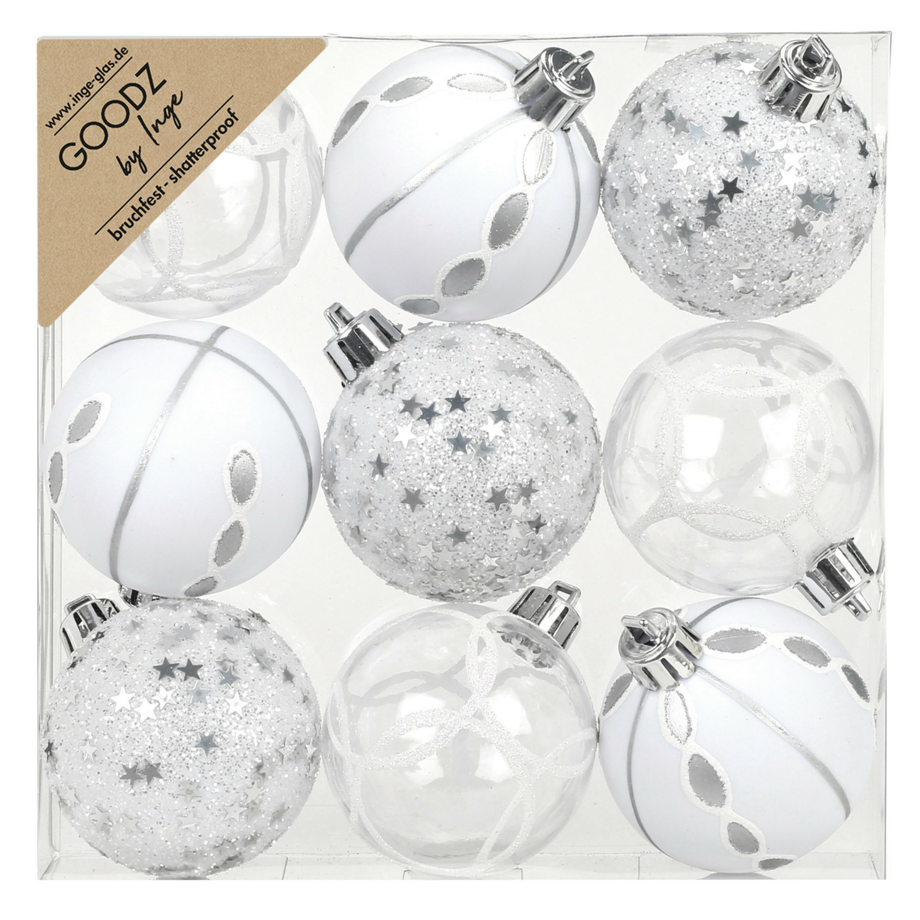 Inge-glas Inge Christmas Goodz kerstballen - 9x - 6 cm - kunststof - zilver/wit -