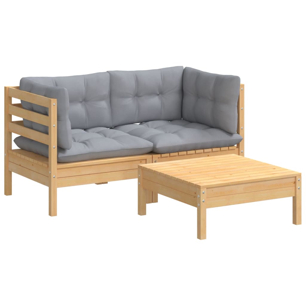 vidaXL 3-delige Loungeset met grijze kussens grenenhout