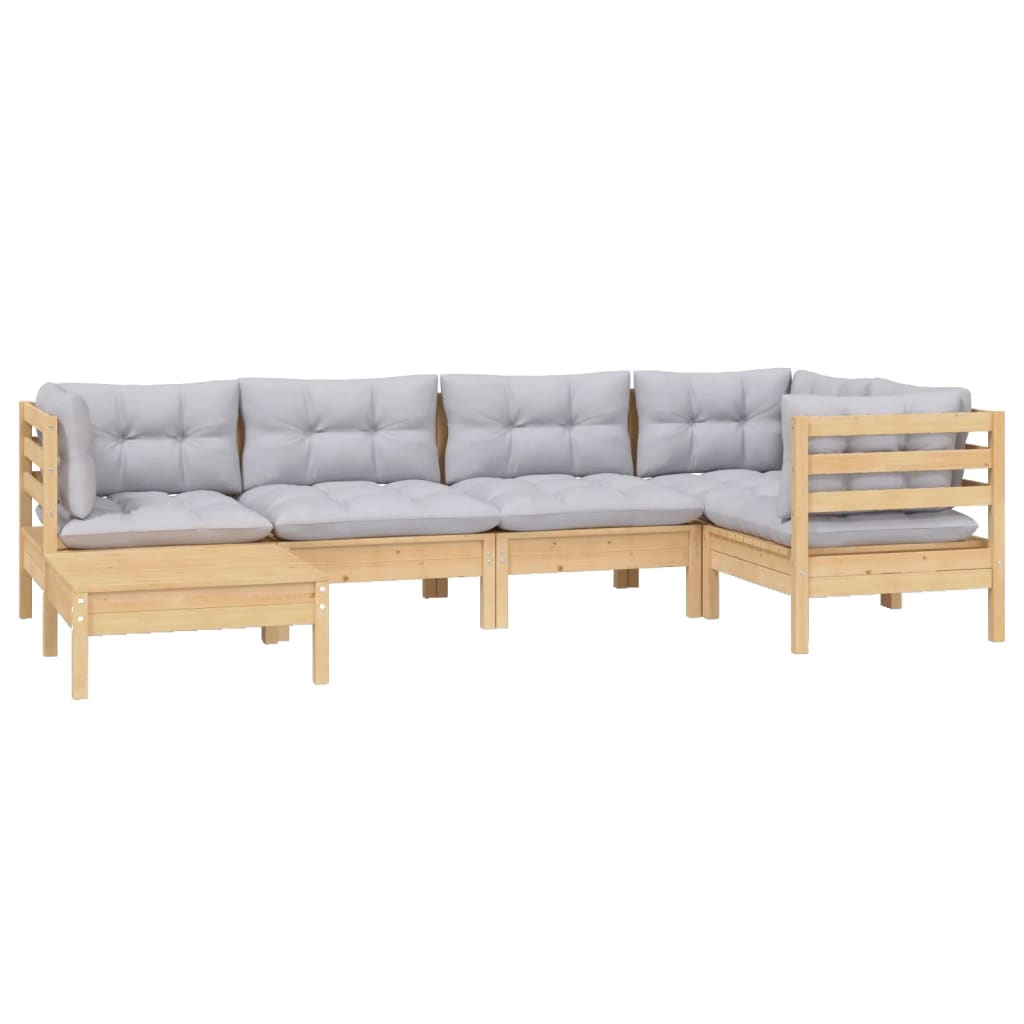 vidaXL 6-delige Loungeset met grijze kussens massief grenenhout