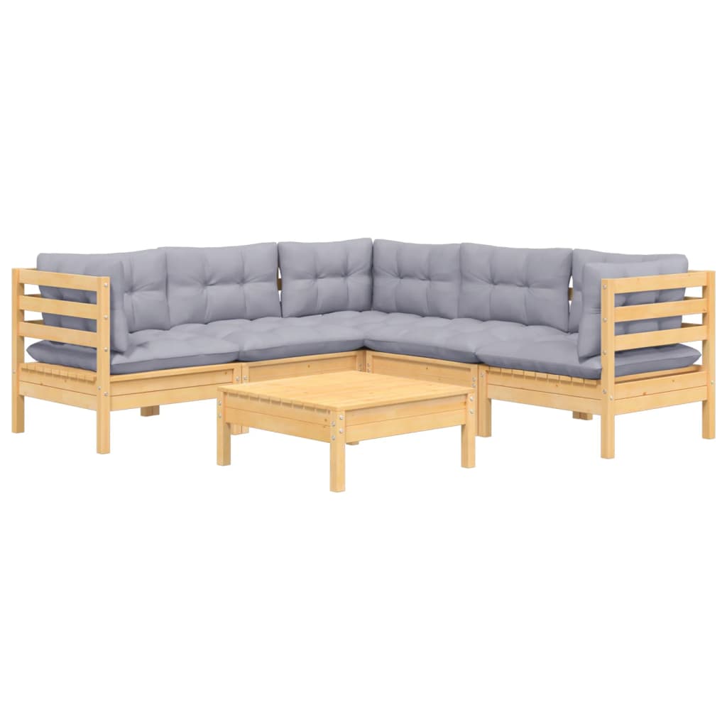 vidaXL 6-delige Loungeset met grijze kussens grenenhout