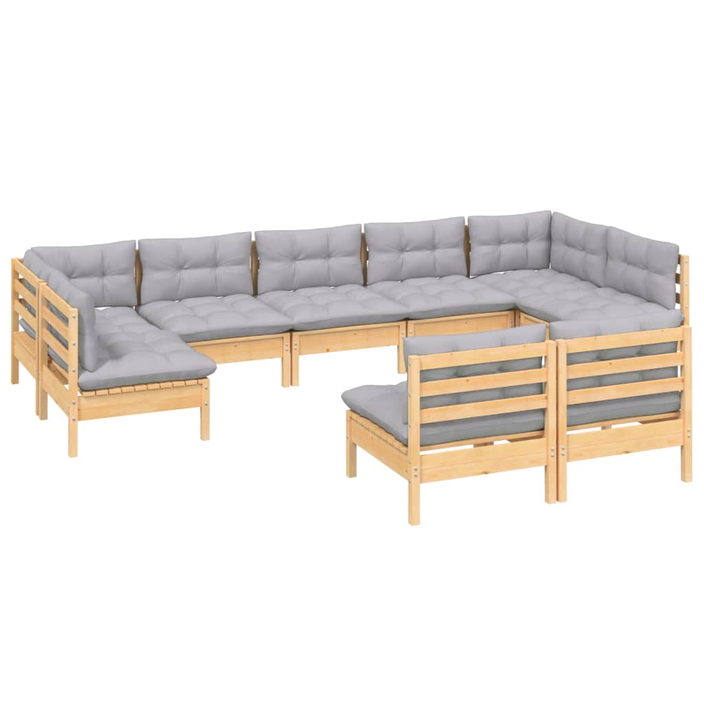 vidaXL 9-delige Loungeset met grijze kussens massief grenenhout