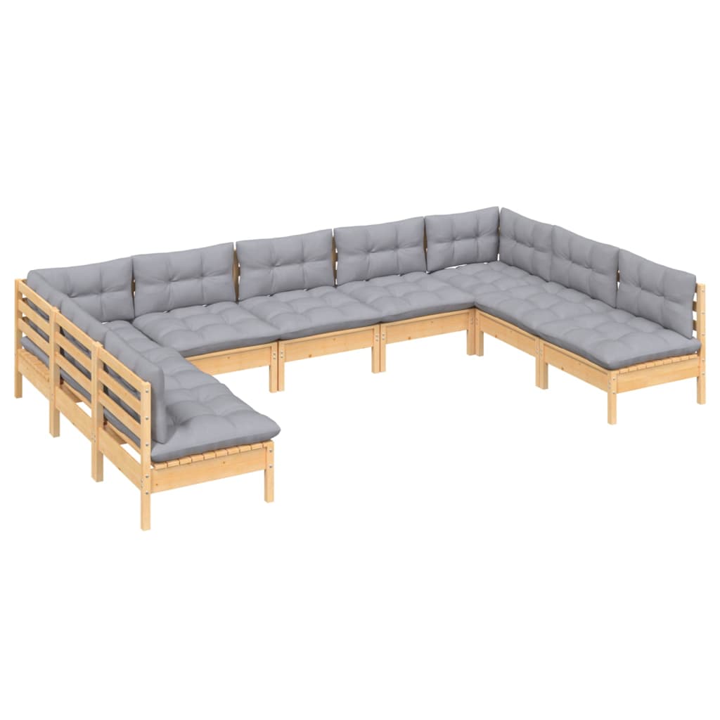vidaXL 9-delige Loungeset met grijze kussens massief grenenhout