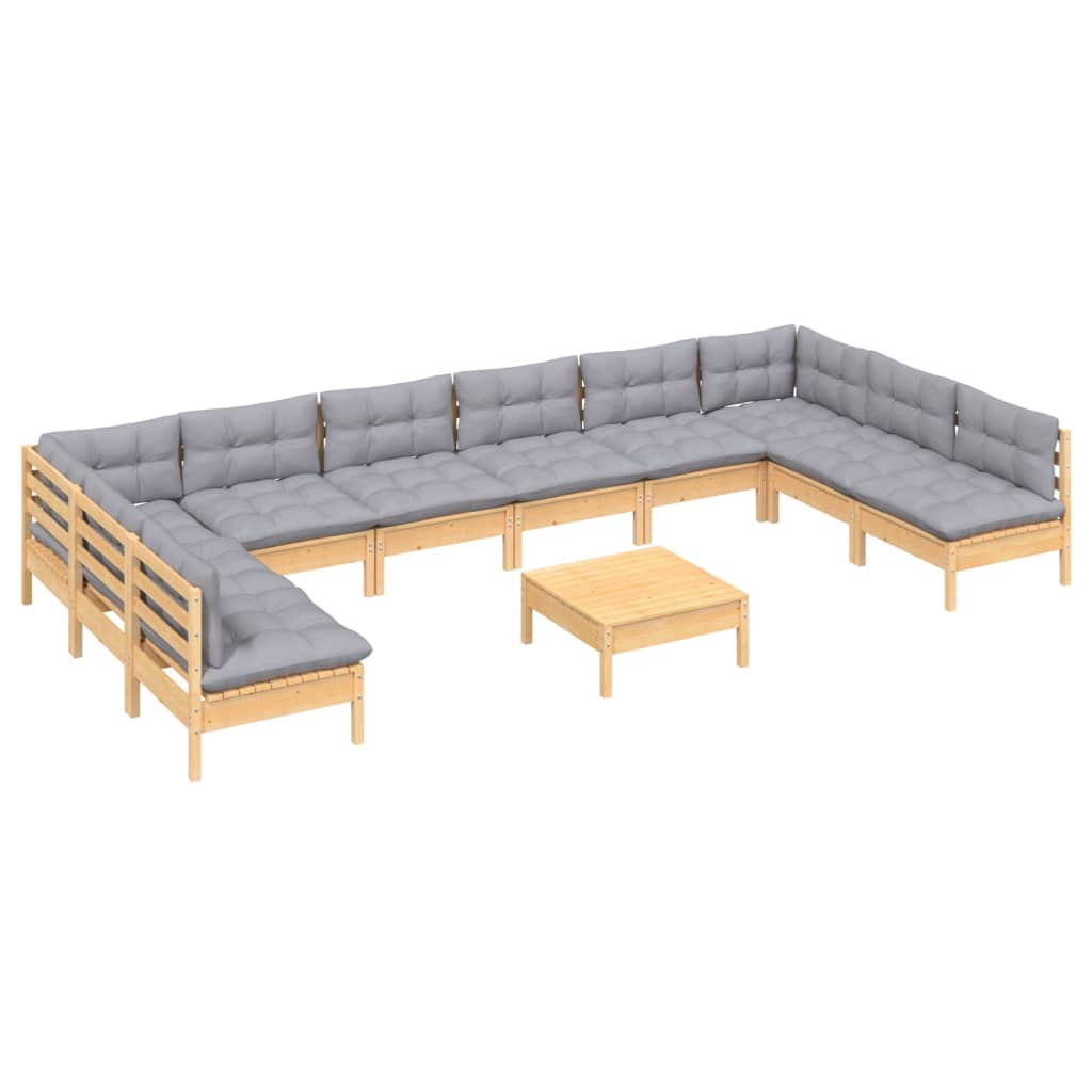 vidaXL 11-delige Loungeset met grijze kussens massief grenenhout