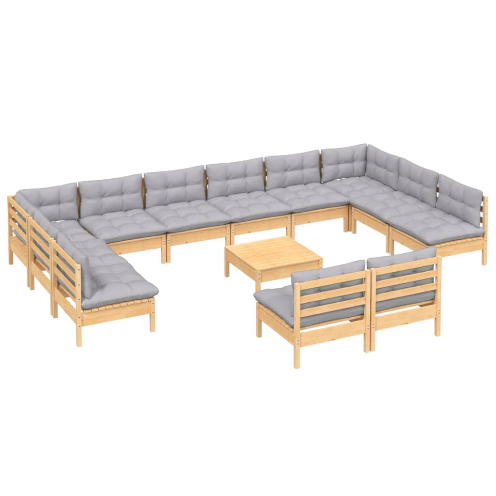 vidaXL 13-delige Loungeset met grijze kussens massief grenenhout
