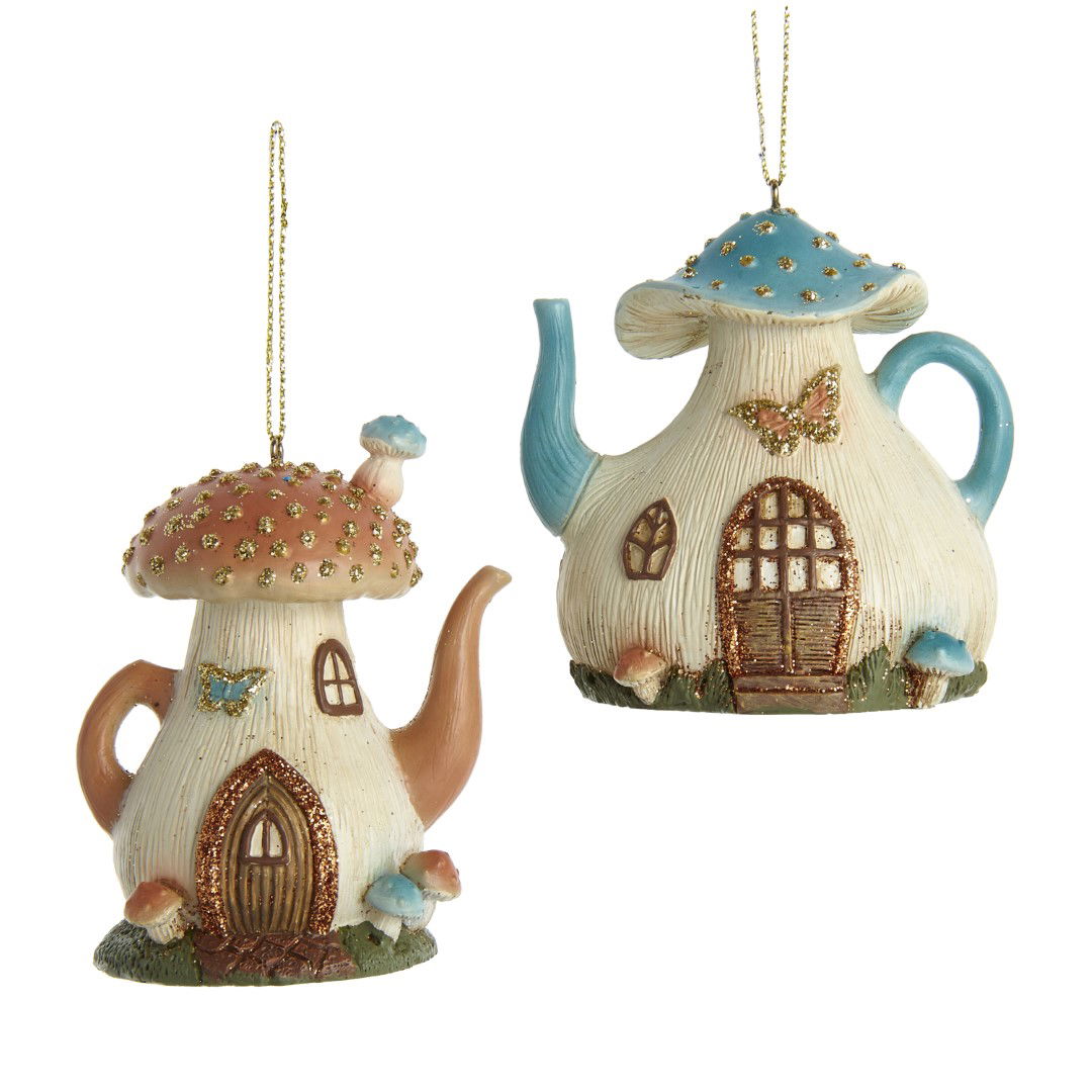 Kurt s adler 3 inch Resin Teal & Terracotta Teapot Mushroom House Orn 2/Asstd. 7,62x5,08x5,08 cm kerstornament - 