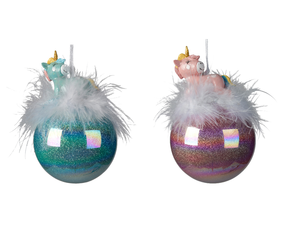 Decoris Kerstbal glas eenhoorn d8 cm assorti - 