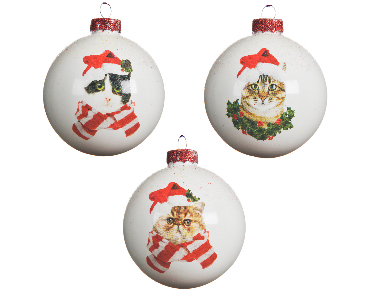 Decoris Kerstbal glas kat hoed d8 cm wit a3 - 