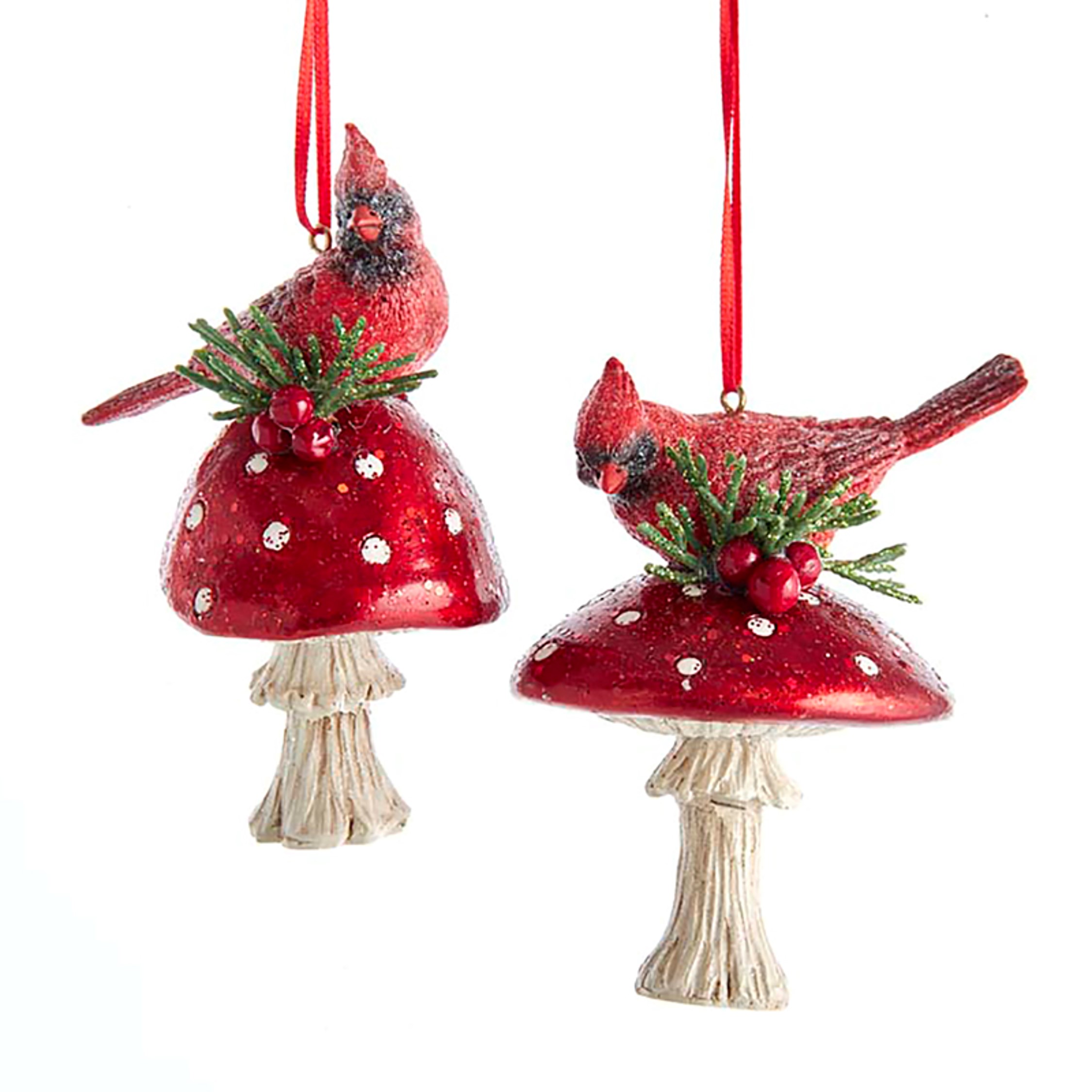 Kurt s adler Res Cardinal On Mushroom Ornament 4,5 inch - 