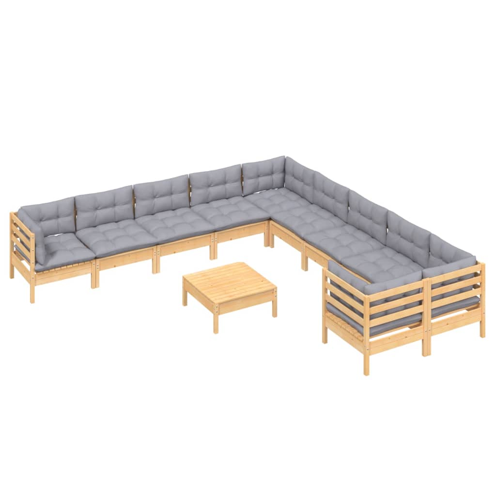 vidaXL 11-delige Loungeset met grijze kussens grenenhout