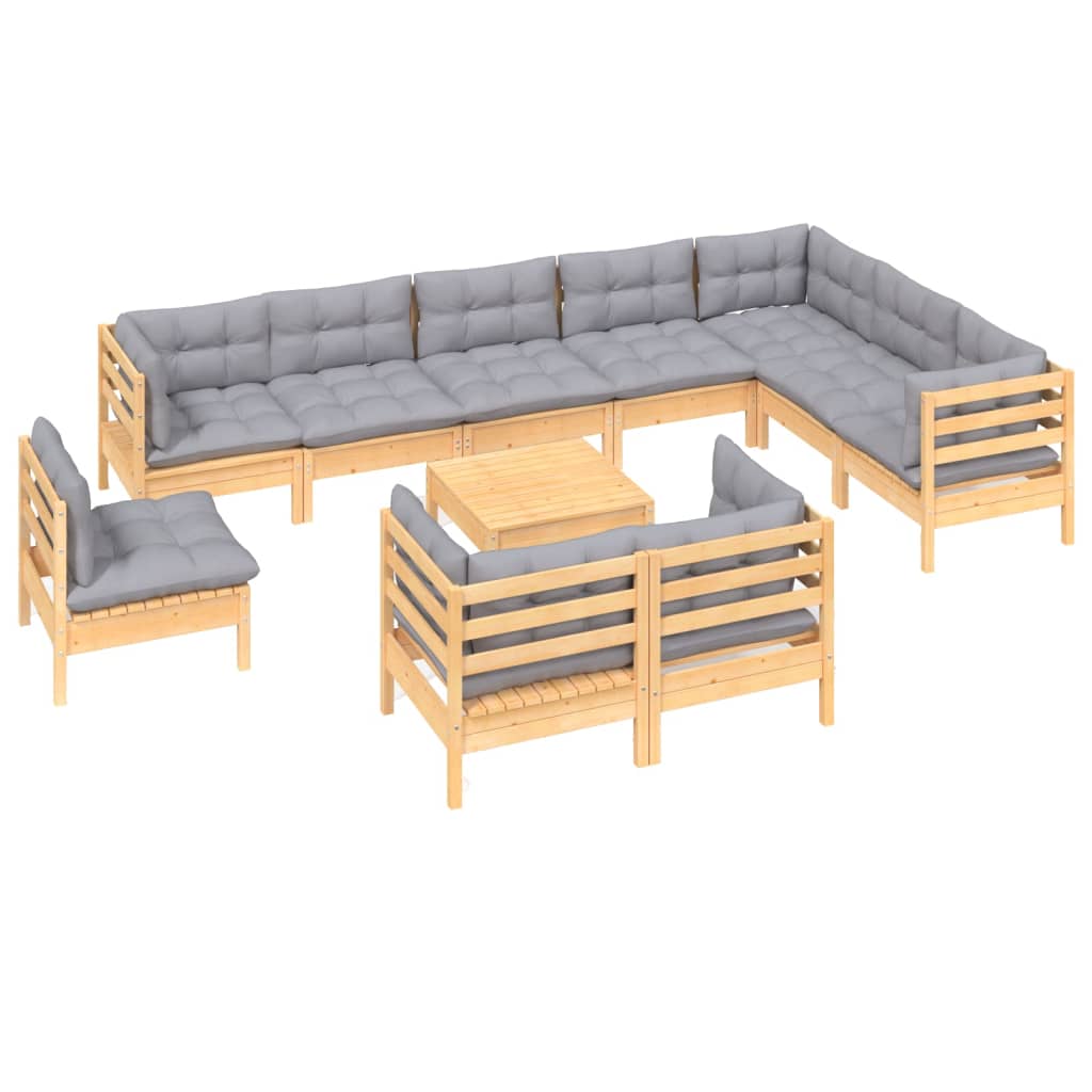 vidaXL 11-delige Loungeset met grijze kussens massief grenenhout