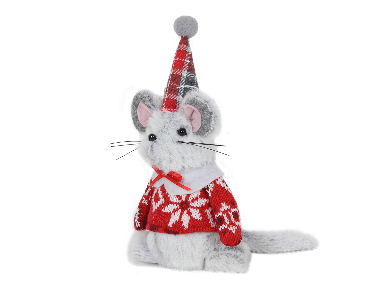 Hit Muis met kerstmuts hangend rood/grijs 20 cm - 