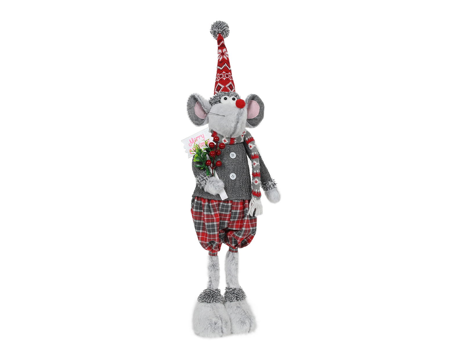 Hit Muis met kerstmuts staand rood/grijs 79 cm - 