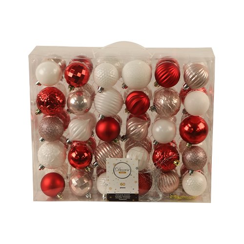 Decoris Kerstballen Mix 60 st. - Wit/Rood/Roze - 