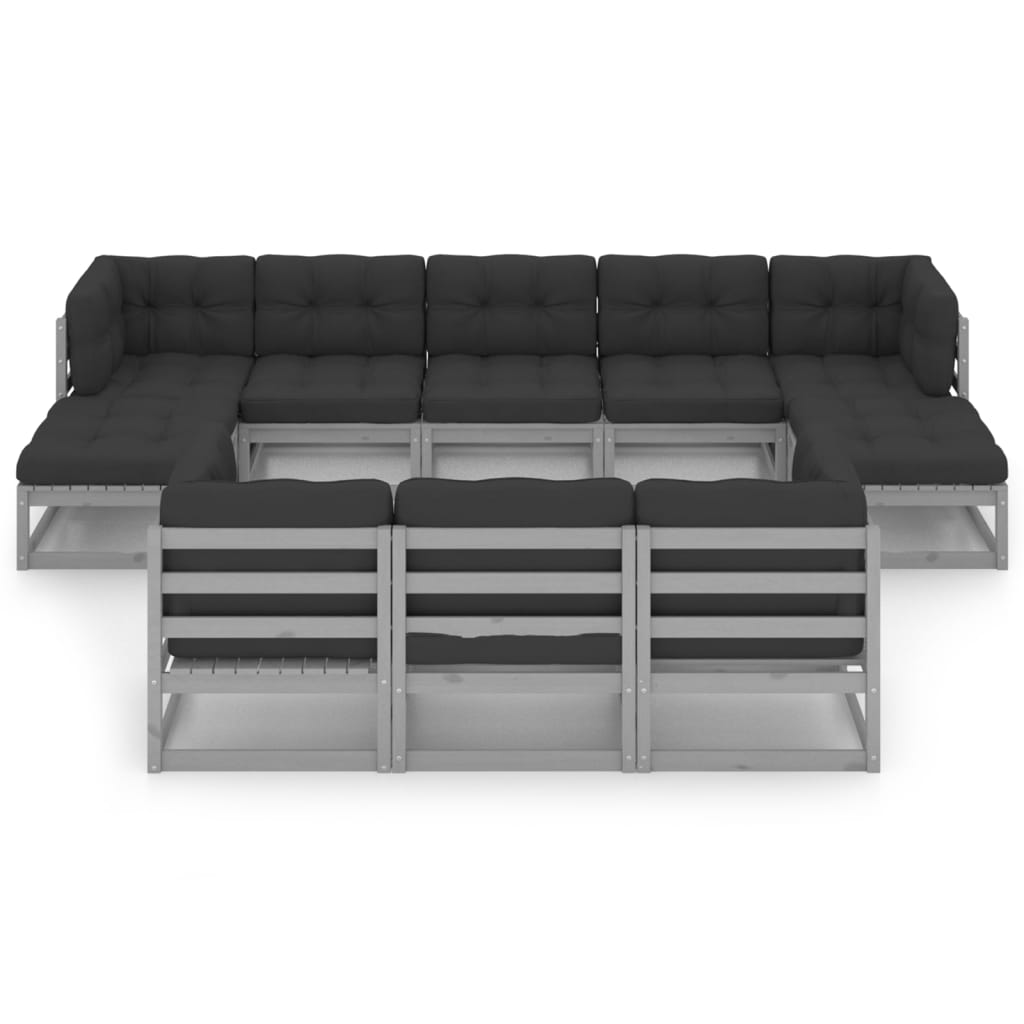 vidaXL 10-delige Loungeset met kussens massief grenenhout grijs