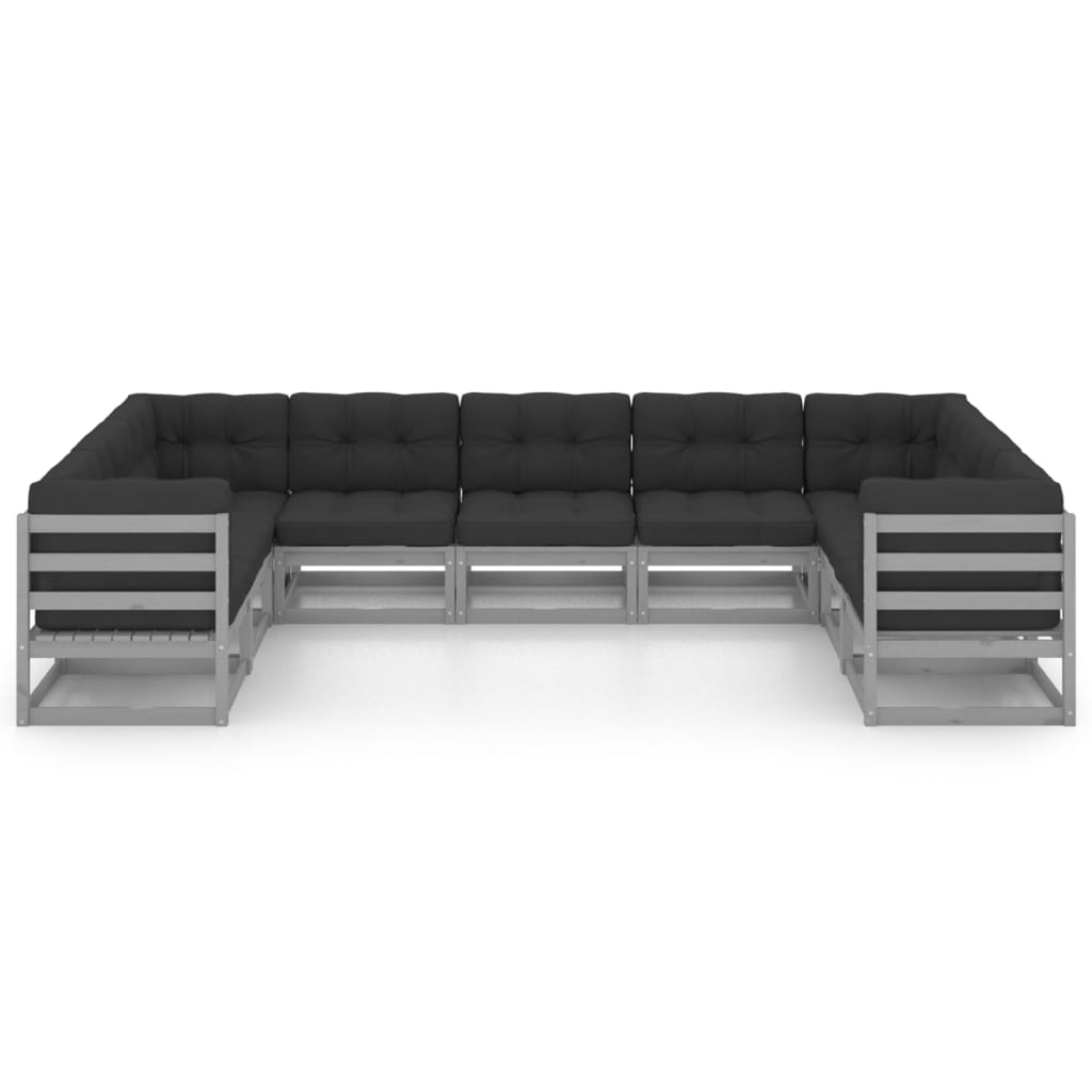 vidaXL 9-delige Loungeset met kussens massief grenenhout grijs