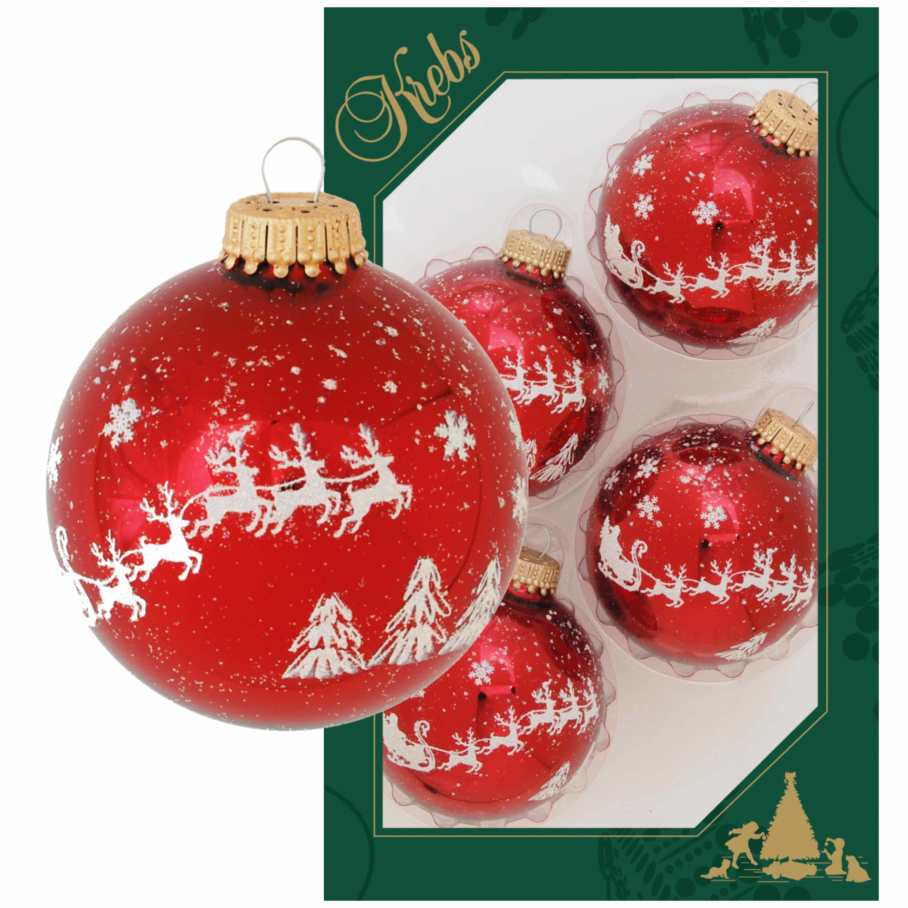 Krebs Kerstballen - 4x stuks - rood - rendieren opdruk - 7 cm -
