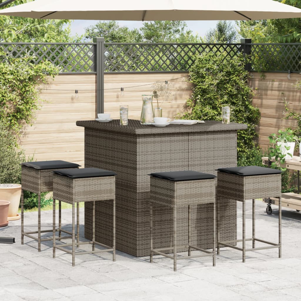 vidaXL 3-delige Tuinbarset met kussens poly rattan grijs