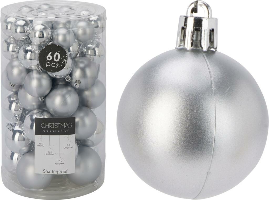 60 onbreekbare kerstballen zilver