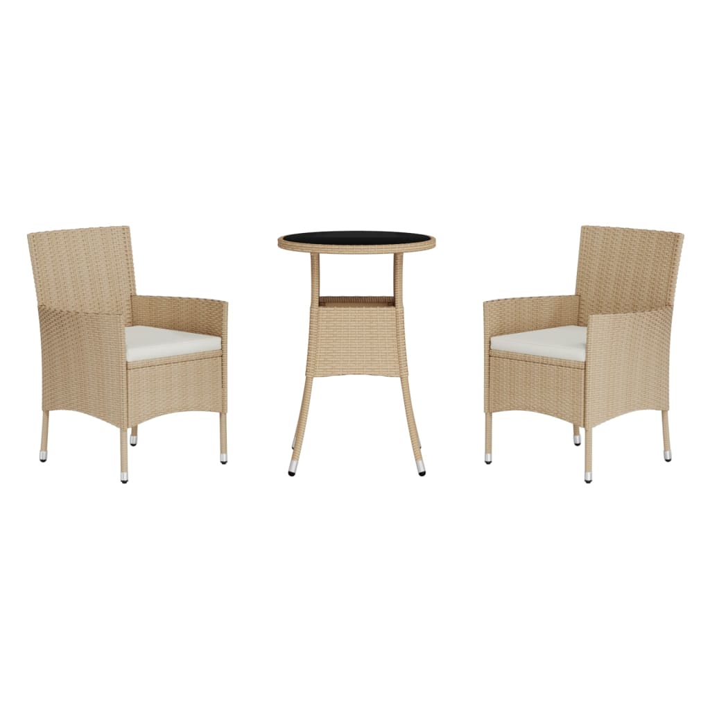 vidaXL 3-delige Bistroset met kussens poly rattan beige