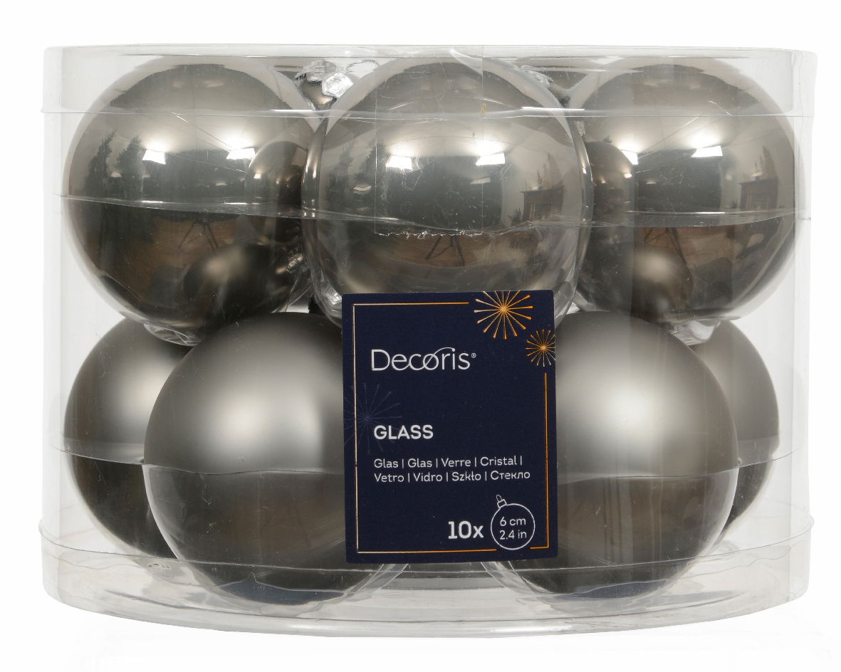 Decoris Kerstballen glas d6 cm zacht grijs 10 st  - 