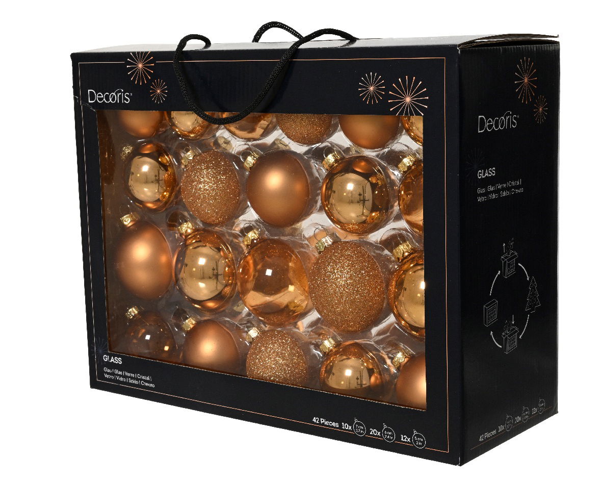 Decoris Glazen kerstballen in koffer brandy 42 st  - 