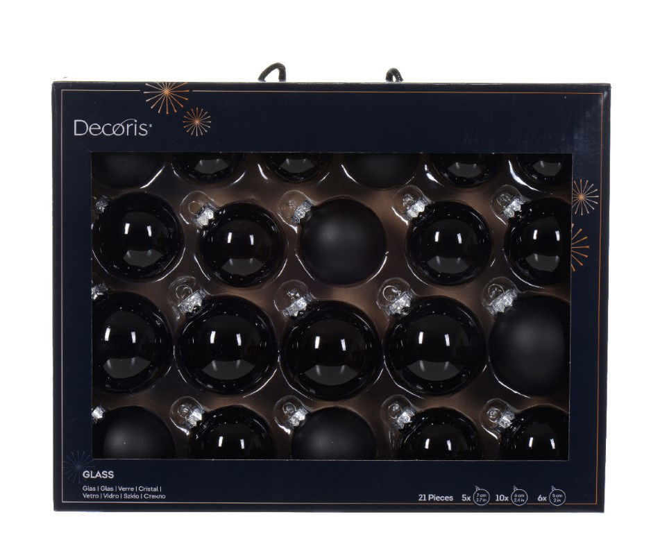 Decoris Kerstbal glas d7 cm zwart ass 21st kerst  - 