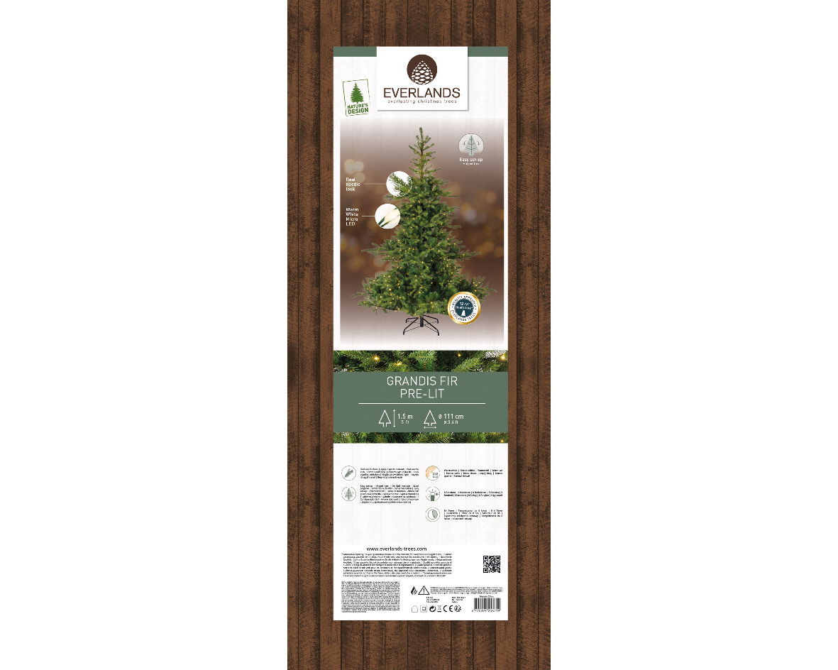 Everlands Grandis fir kunstkerstboom prelit verlicht H150 D111 cm groen/warm wit  - 