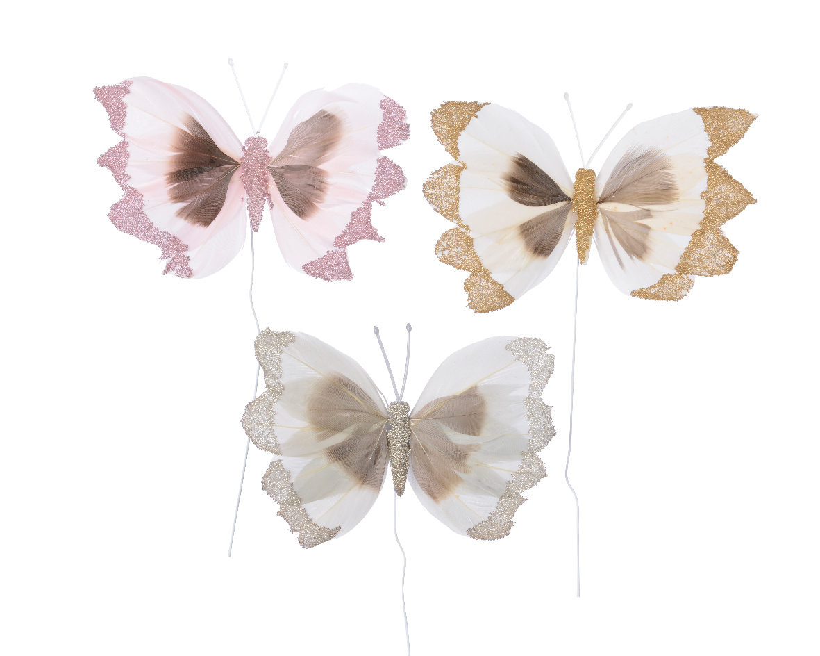 Decoris Vlinder veer l12b10 cm naturel assorti 3st kerst  - 