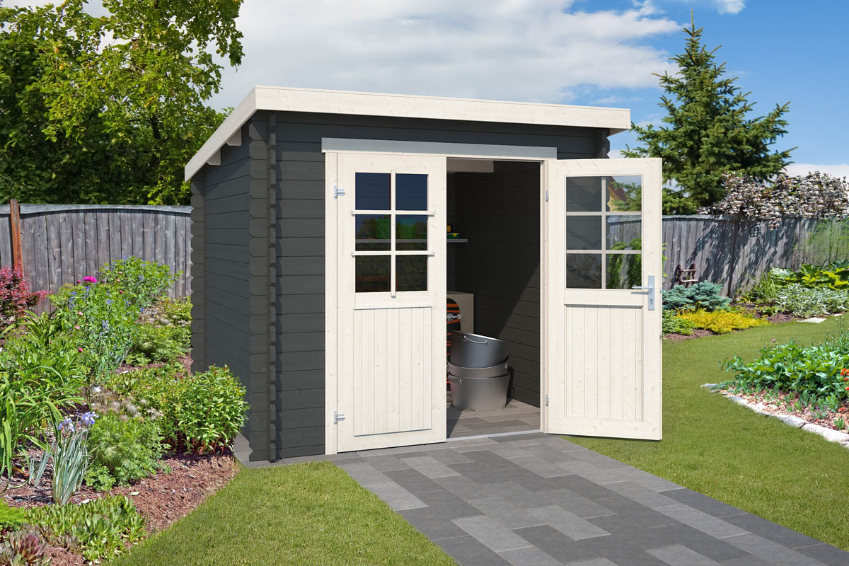 Van Kooten Tuin en Buitenleven Outdoor Life Indi Blokhut 250x195 cm 28 mm vuren Carbon Grey-Wit gecoat- Lessenaarsdak- - Outdoor Life