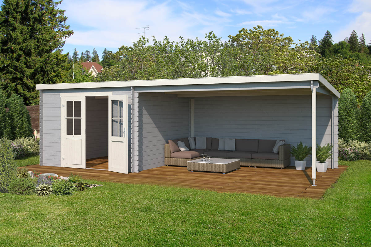 Van Kooten Tuin en Buitenleven Outdoor Life St. Louis Blokhut 701x312 cm 28 mm vuren Platinum Grey-Wit gecoat- Lessenaarsdak- - Outdoor Life